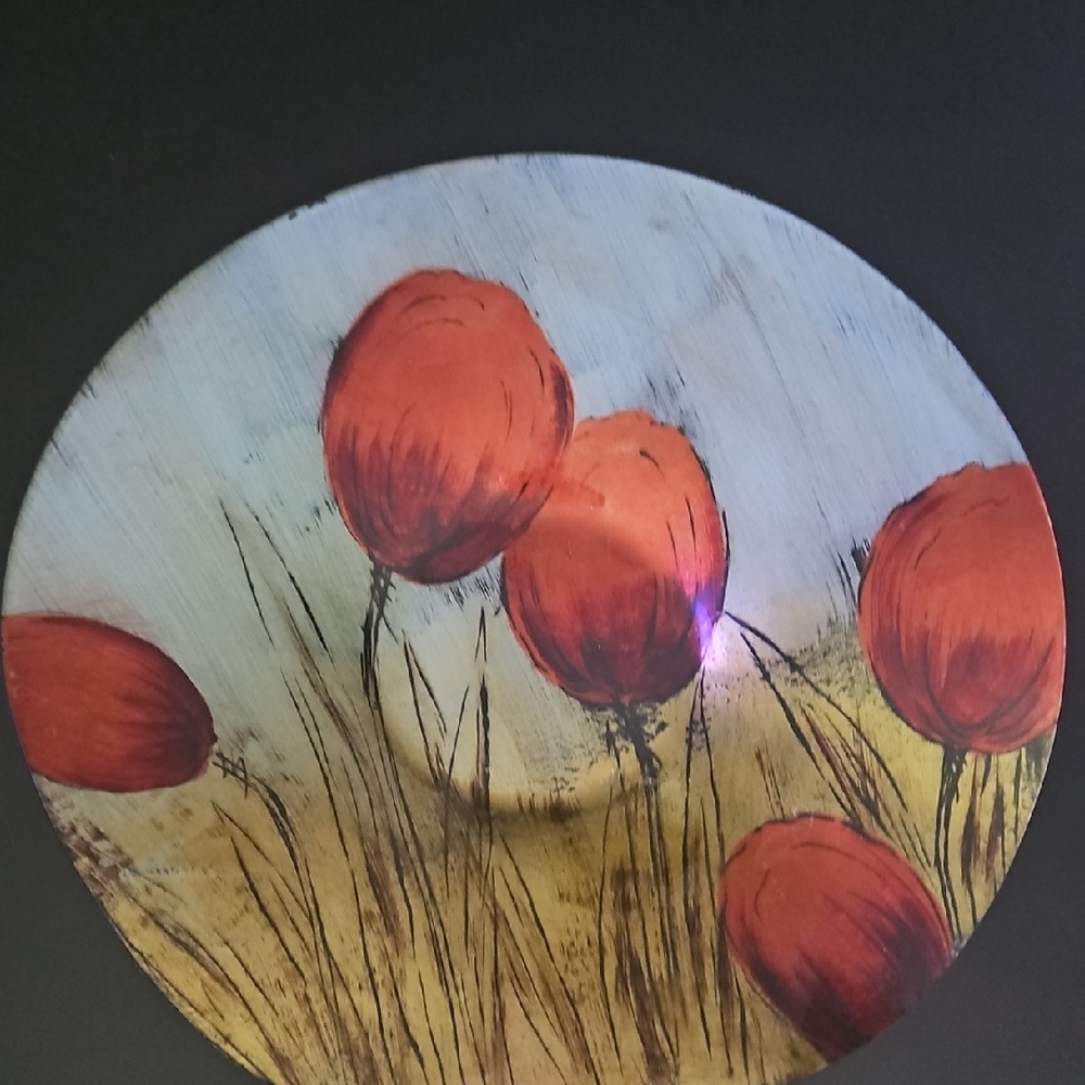 Handcrafted Floral Wall Art / Serving Dish with Red Accents
